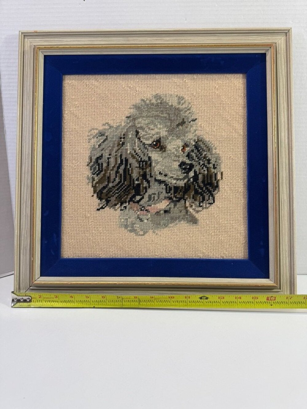 needlepoint blue velvet border grey poodle portrait picture frame hand stitched - Picture 10 of 11